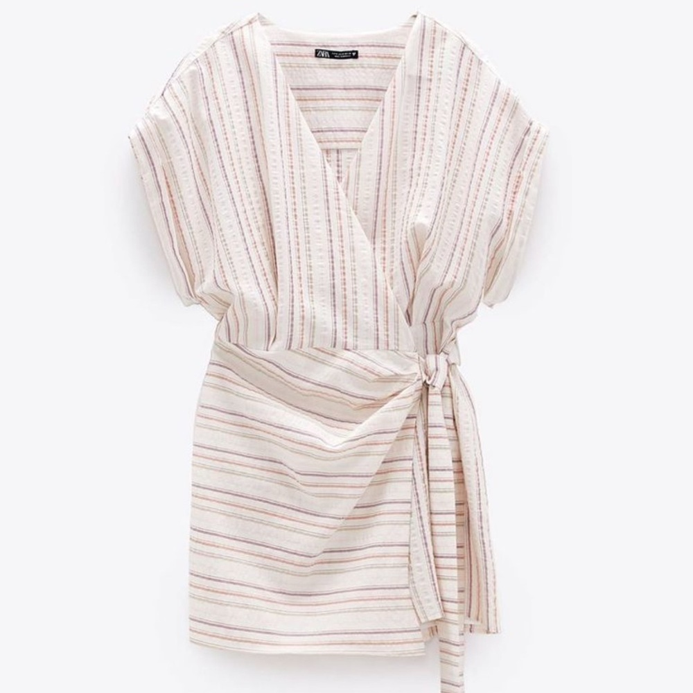 Zara Beige Striped Wrap Dress